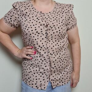 LOFT Taupe and Black Spotted Short Sleeve Scoop Neck Blouse Size Medium